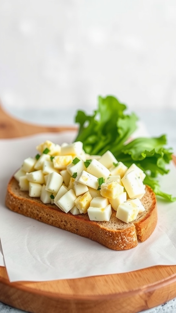 Classic high protein egg salad on whole grain bread topped with greens