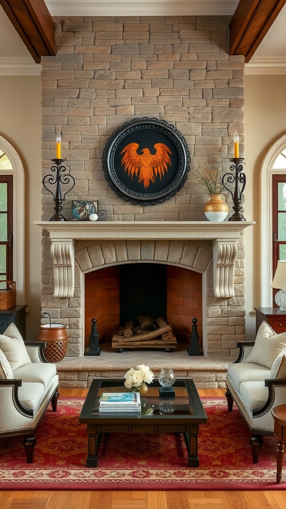 Classic stone fireplace with decorative elements and cozy seating.