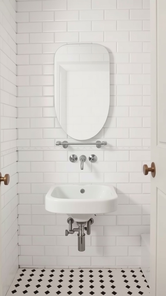 A small vintage bathroom with classic white subway tiles and a black and white floor.