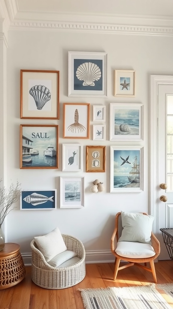 A collection of coastal-inspired artwork featuring seashells, marine scenes, and nautical themes on a wall.