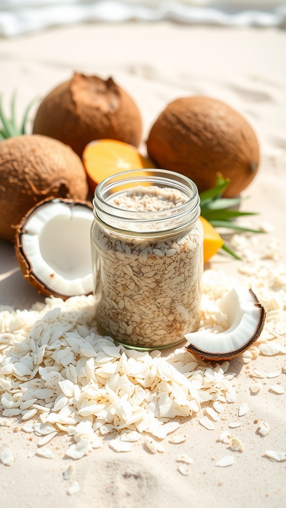 A jar of coconut chia seed overnight oats surrounded by coconut flakes and whole coconuts.