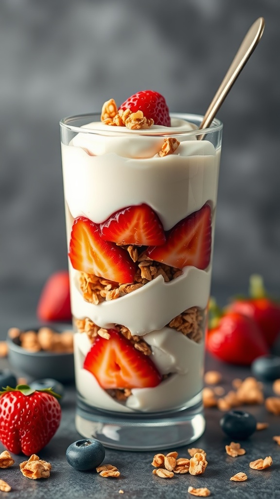 Coconut yogurt parfait with layers of granola and mixed berries, garnished with a mint leaf.