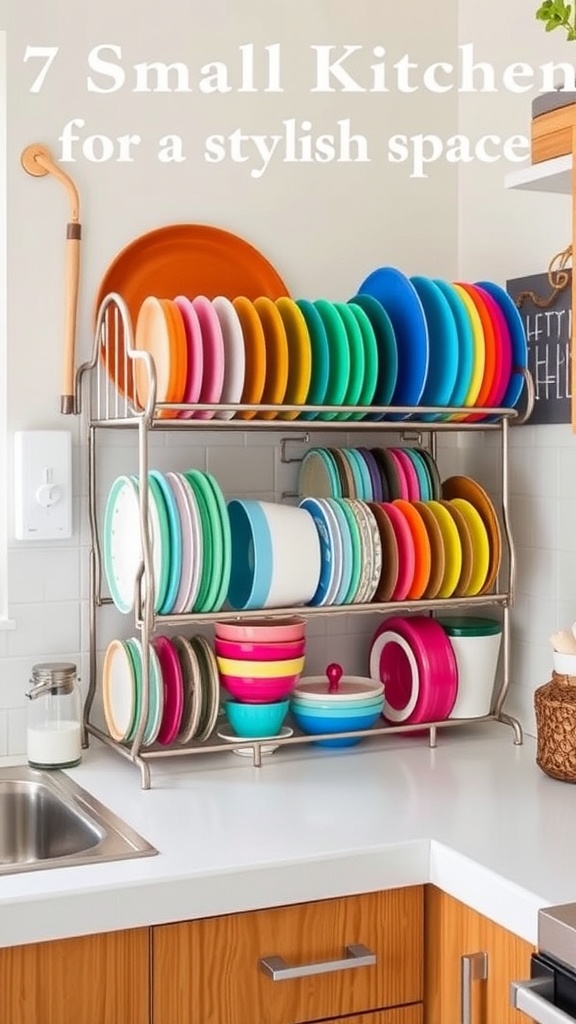 Colorful dish rack with various plates and bowls arranged neatly