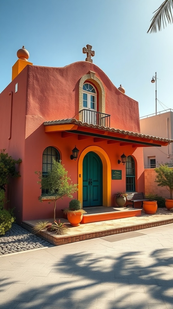 A colorful old Spanish style home with vibrant paint and distinct architectural features.