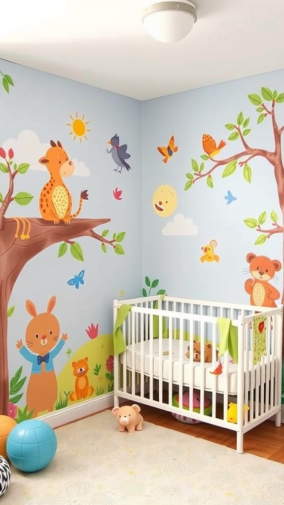 Colorful wall murals depicting animals and nature in a nursery