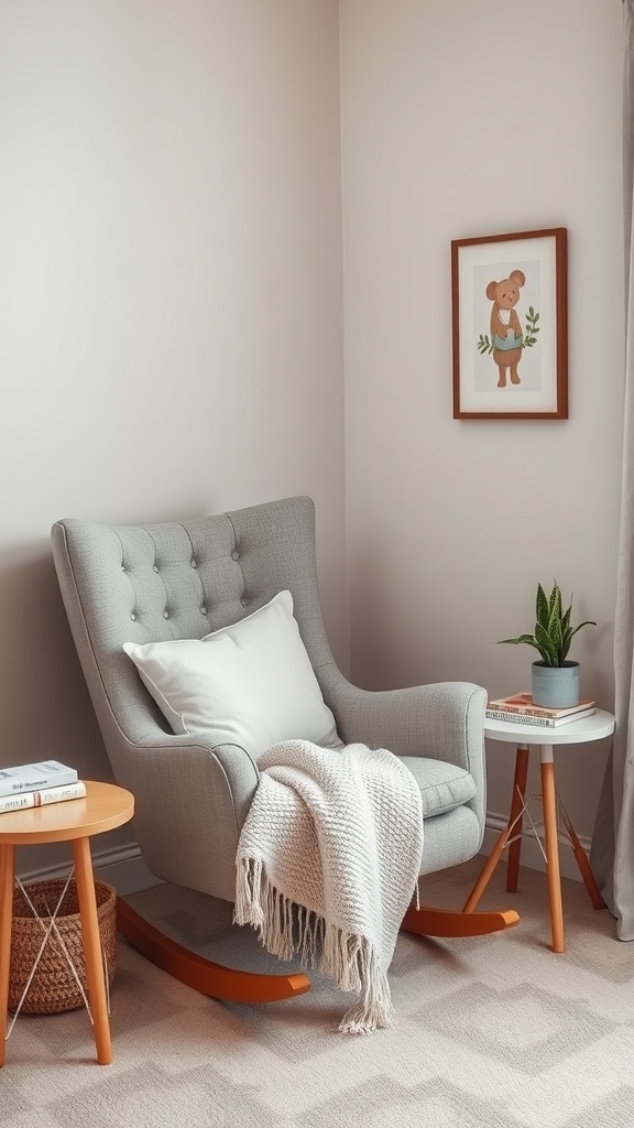 A cozy gray glider chair with a white pillow and a soft throw blanket, paired with wooden side tables and a plant.