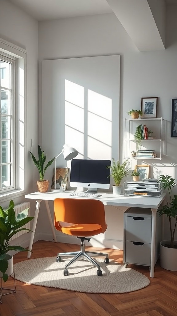 A bright and minimalistic home office with a corner desk, computer, and plants.