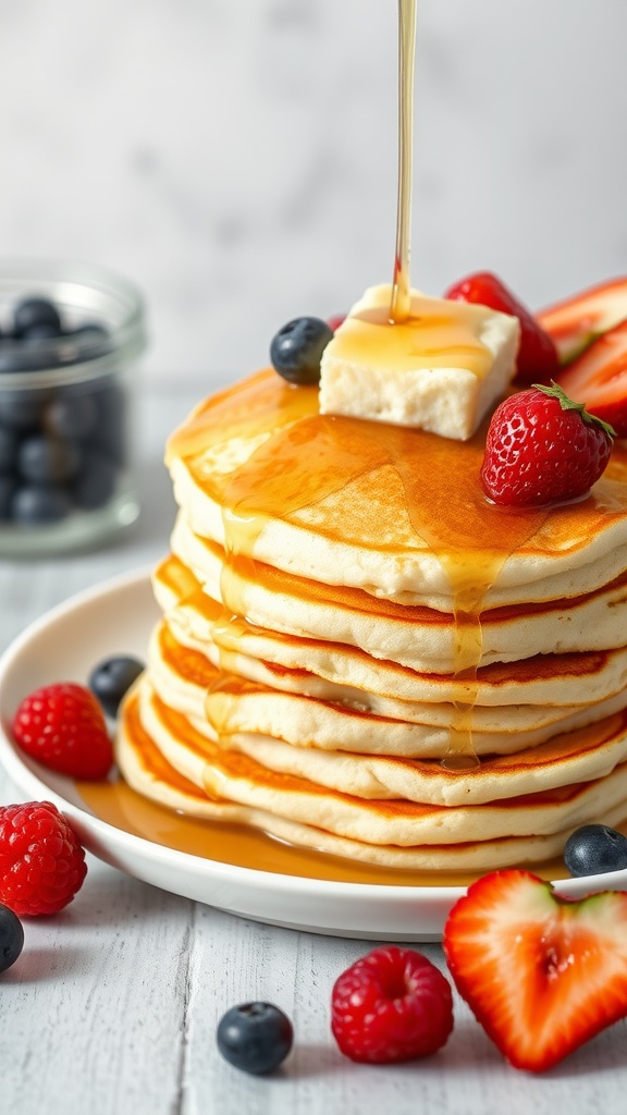 Delicious cottage cheese pancakes topped with syrup and fresh berries