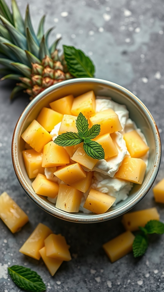 A bowl of cottage cheese topped with diced pineapple and mint leaves.