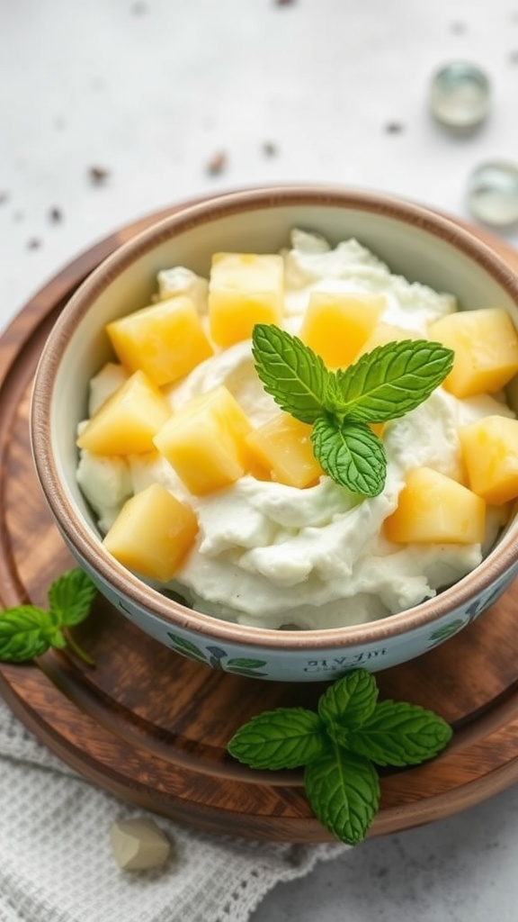 19 High Protein Snacks For Quick, Healthy Fuel A bowl of cottage cheese topped with pineapple chunks and mint leaves.