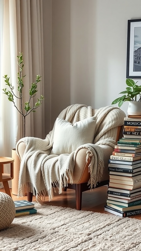 Cozy living room nook with an armchair, throw, and stacked books.