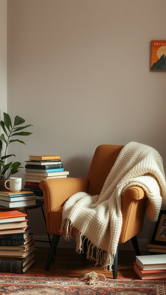 A cozy reading corner featuring an orange chair with a white blanket, surrounded by books and a small plant.