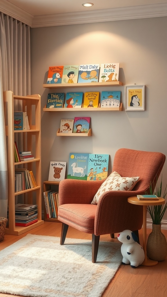 A cozy reading nook with a comfortable chair, shelves of children's books, and a soft rug.