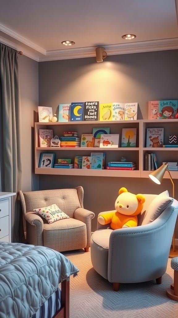 Cozy reading nook with soft lighting, featuring a plush chair, a cute stuffed animal, and a shelf filled with colorful children's books.