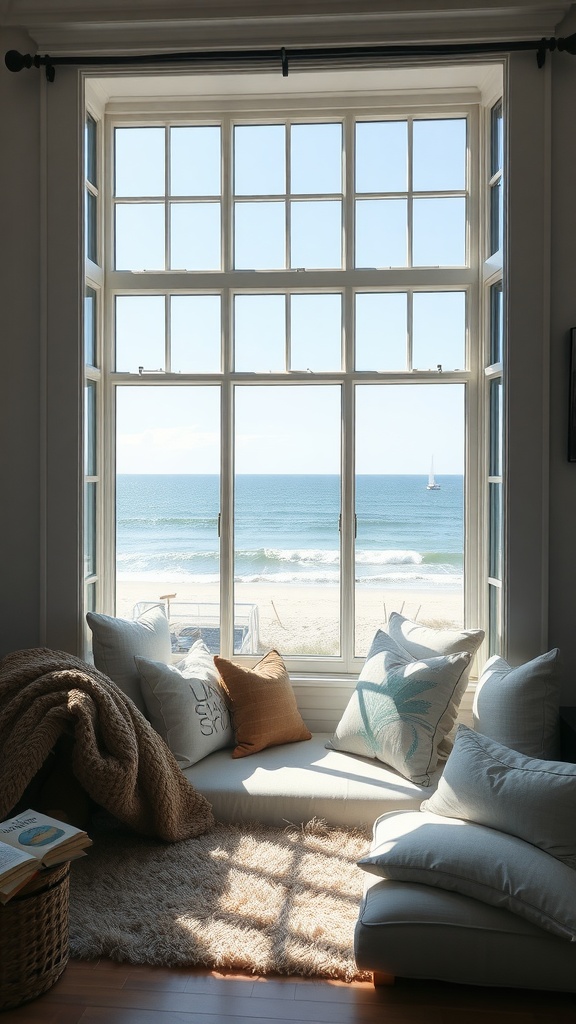 Cozy reading nook by a large window overlooking the beach.