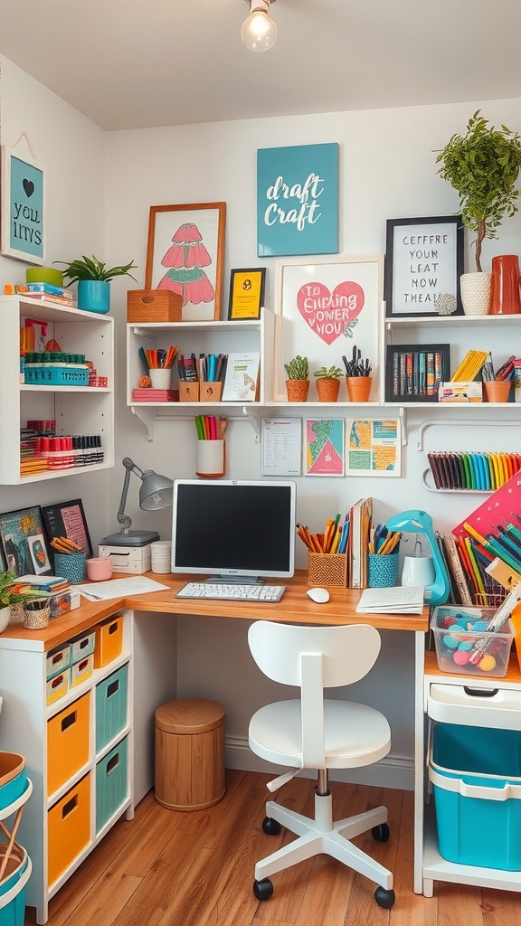 A cozy craft corner featuring organized supplies, a desk, and colorful storage bins.