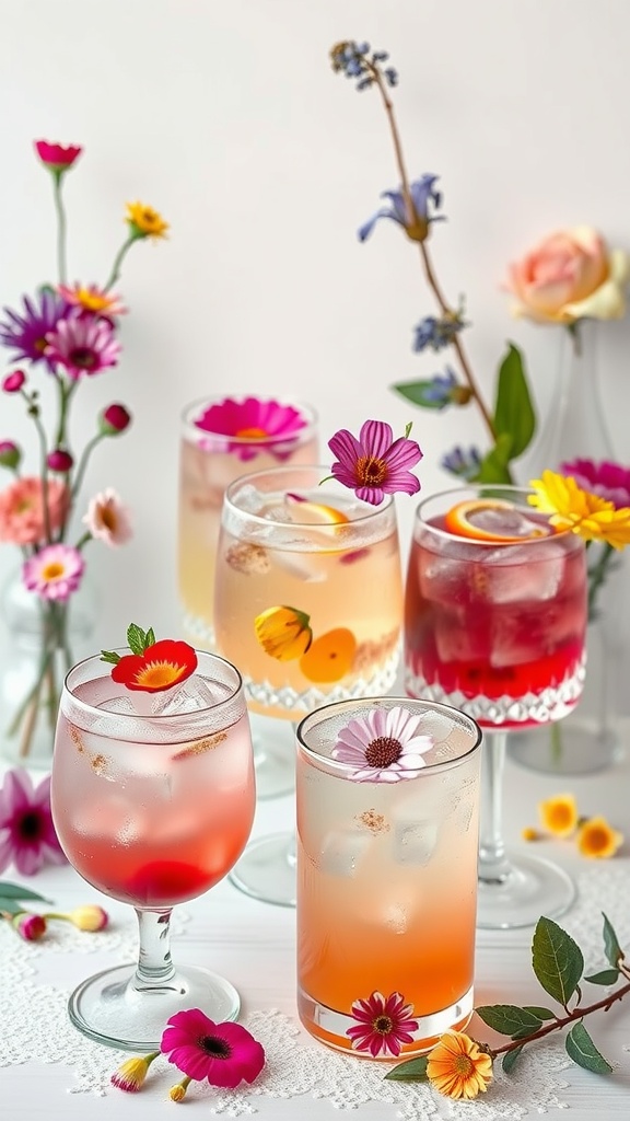 Colorful flower-themed beverages in elegant glasses, surrounded by fresh flowers.