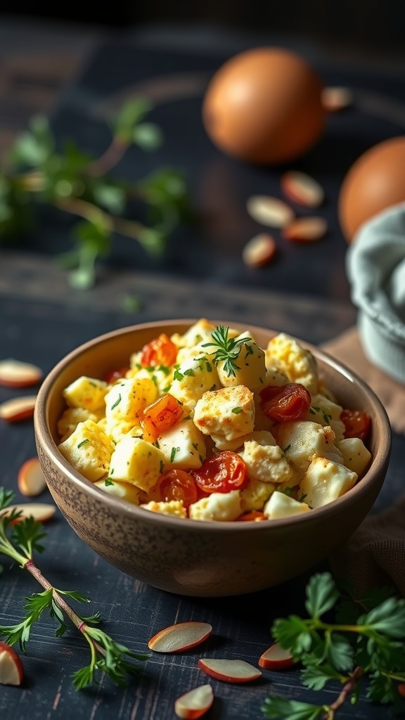 A delicious bowl of curried egg salad with raisins and almonds