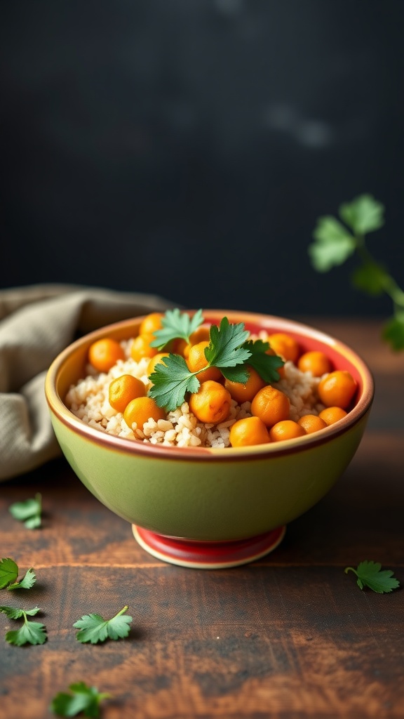 A bowl of curry chickpea and brown rice served with cilantro.