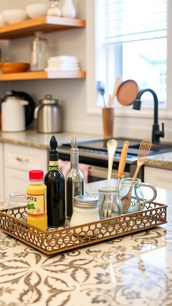 A decorative serving tray with various kitchen items on a countertop.