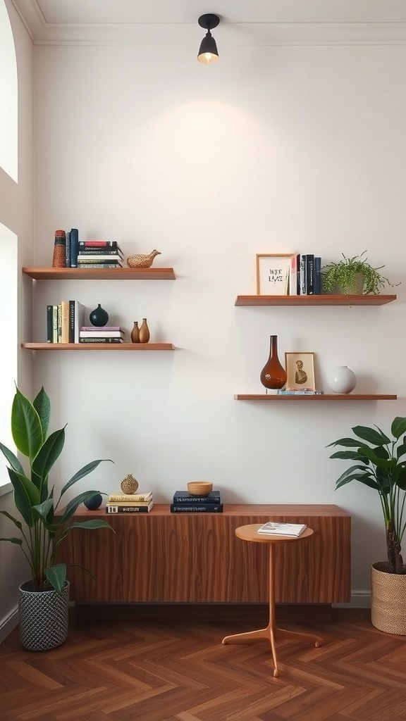 17 Rental Home Decorating Ideas For A Stylish Space A stylish corner with decorative wooden shelves displaying books and plants.