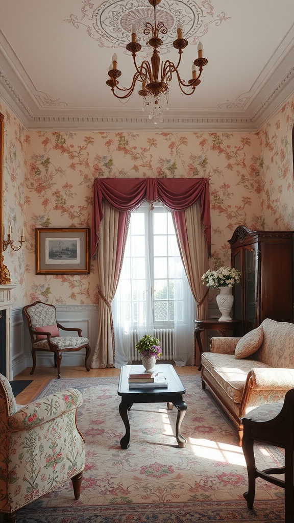 Living room with delicate floral wallpaper, elegant furniture, and a warm atmosphere.