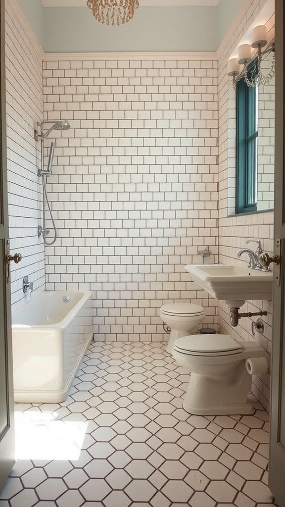 A vintage bathroom featuring hexagonal tile flooring, white subway tiles on the walls, and classic bathroom fixtures.