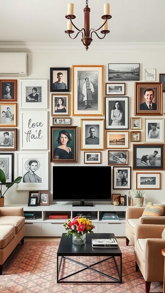 A cozy living room with an eclectic gallery wall featuring various framed photographs and artwork.