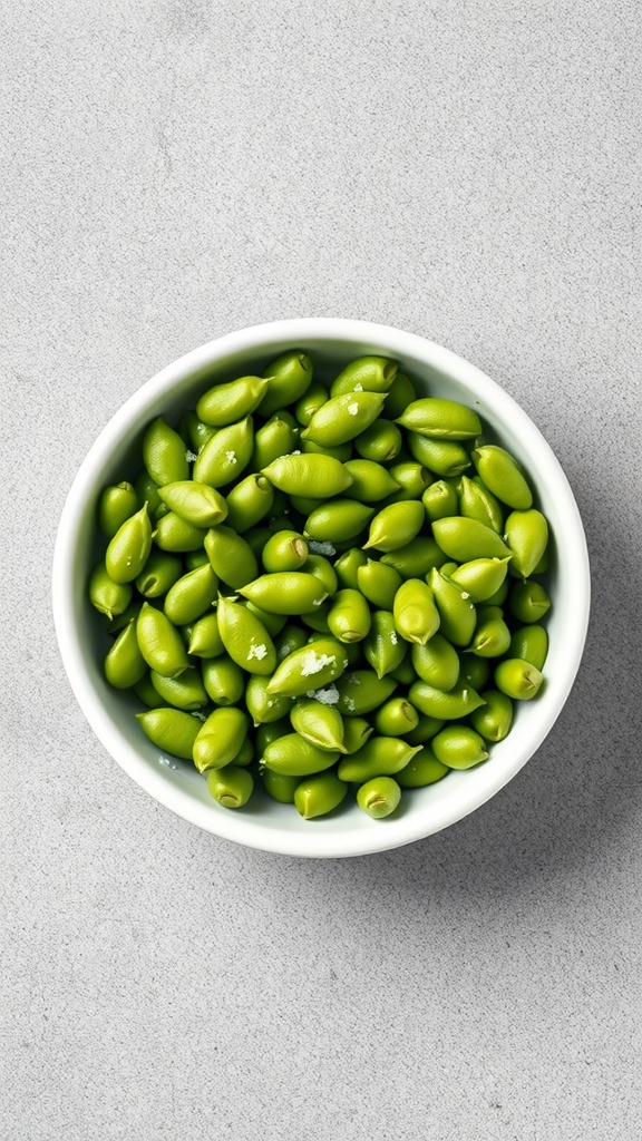 A bowl of edamame pods sprinkled with sea salt.