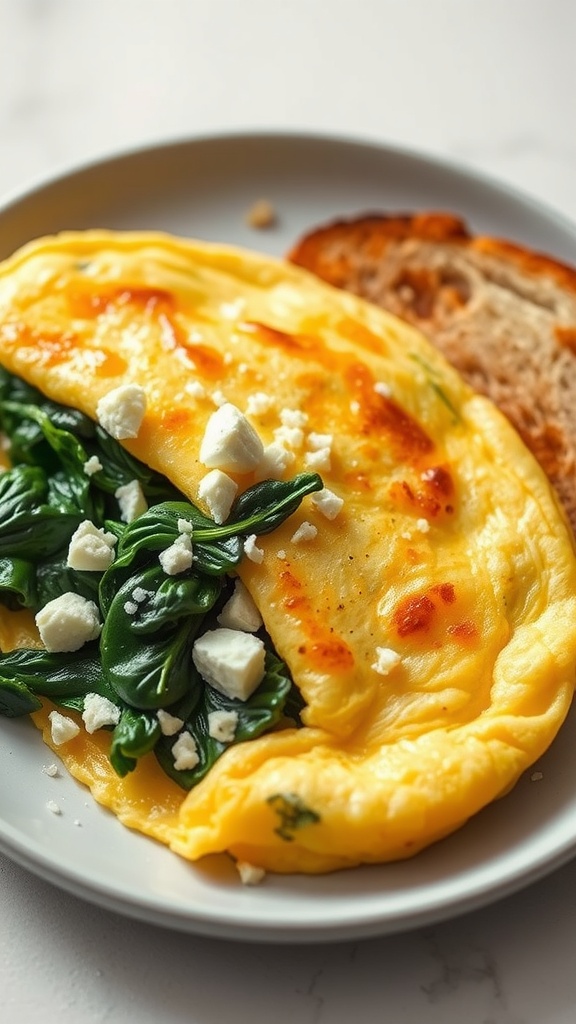 A fluffy egg white omelette filled with spinach and crumbled feta cheese served with toast.