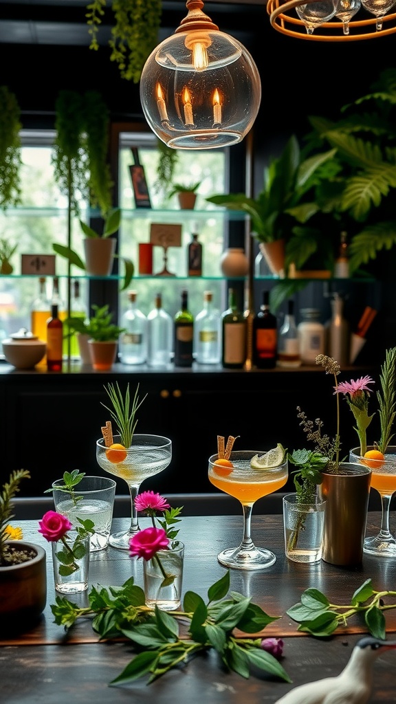 A beautifully arranged cocktail bar with colorful drinks, fresh flowers, and greenery.