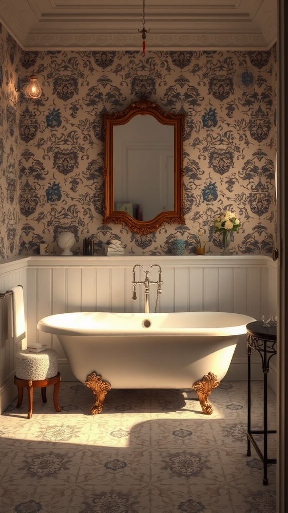 A vintage bathroom featuring a clawfoot tub, ornate mirror, and floral wallpaper.