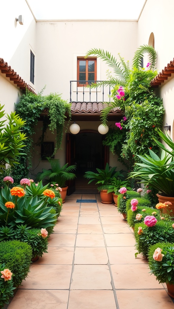 A courtyard featuring lush plants and colorful flowers in a Hacienda style home.