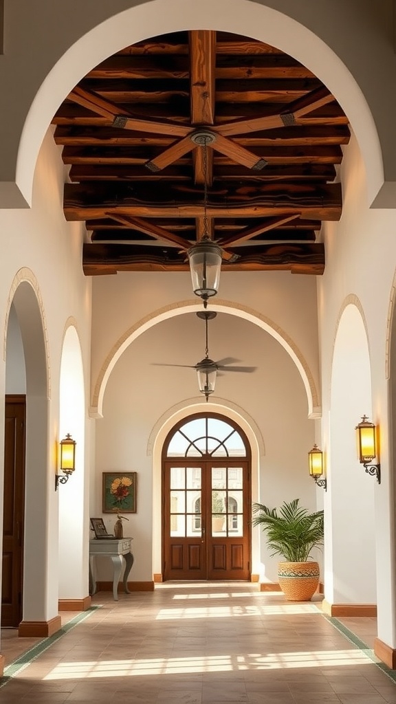 Interior of a Spanish style home showcasing wooden beams and arches