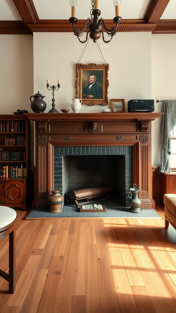 A beautifully styled American Colonial fireplace with wooden mantel, artistic decor, and warm lighting.