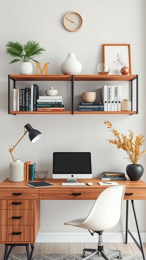 A modern home office setup featuring floating shelves above a wooden desk with a computer, books, and decorative items.