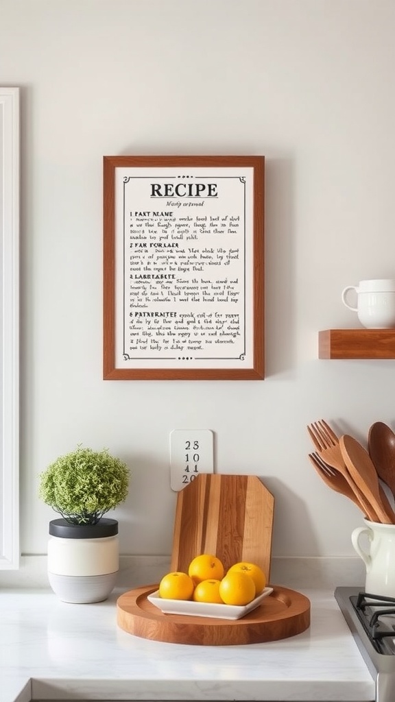 A framed recipe art piece displayed on a kitchen wall with lemons and wooden utensils on the counter.