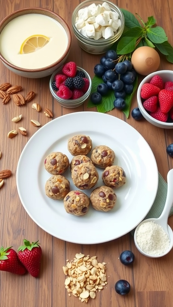 A plate of fruit and nut energy bites surrounded by fresh fruits and ingredients.