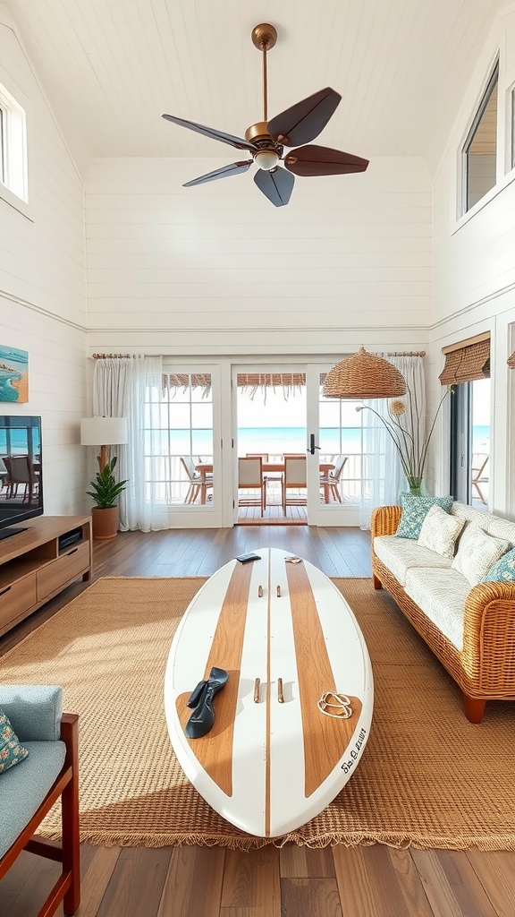 A cozy beach house interior featuring a surfboard coffee table, wicker furniture, and a bright airy atmosphere.