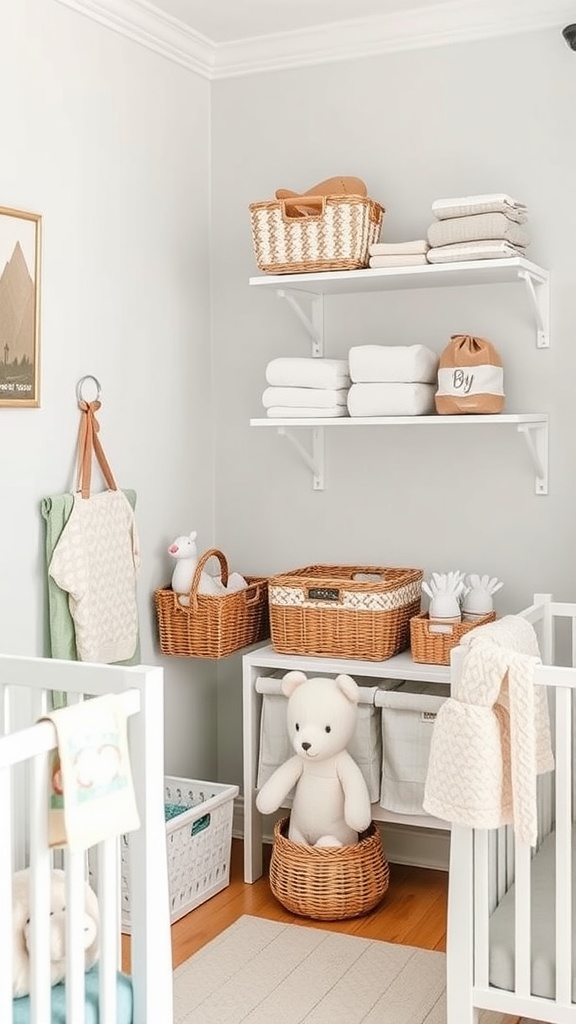 A well-organized nursery corner with baskets, shelves, and a cozy teddy bear.