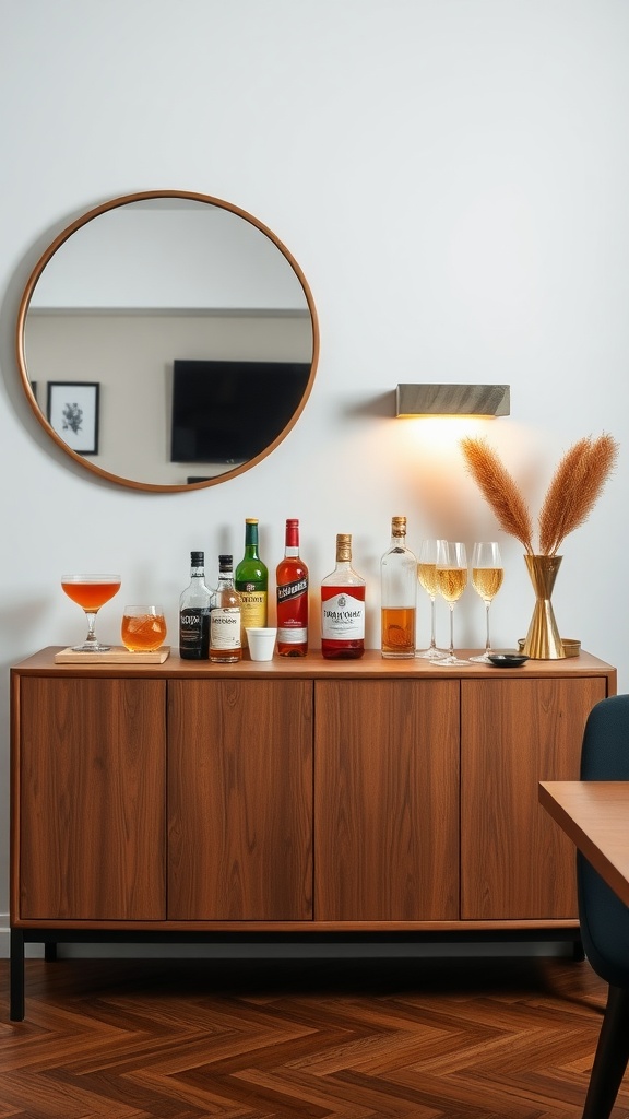 A chic sideboard styled with barware, featuring bottles, glassware, and decorative elements.