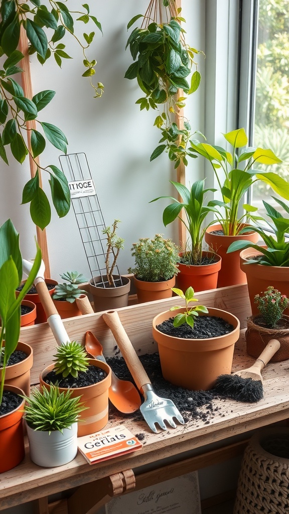 A cozy gardening station with various indoor plants and gardening tools arranged on a table.