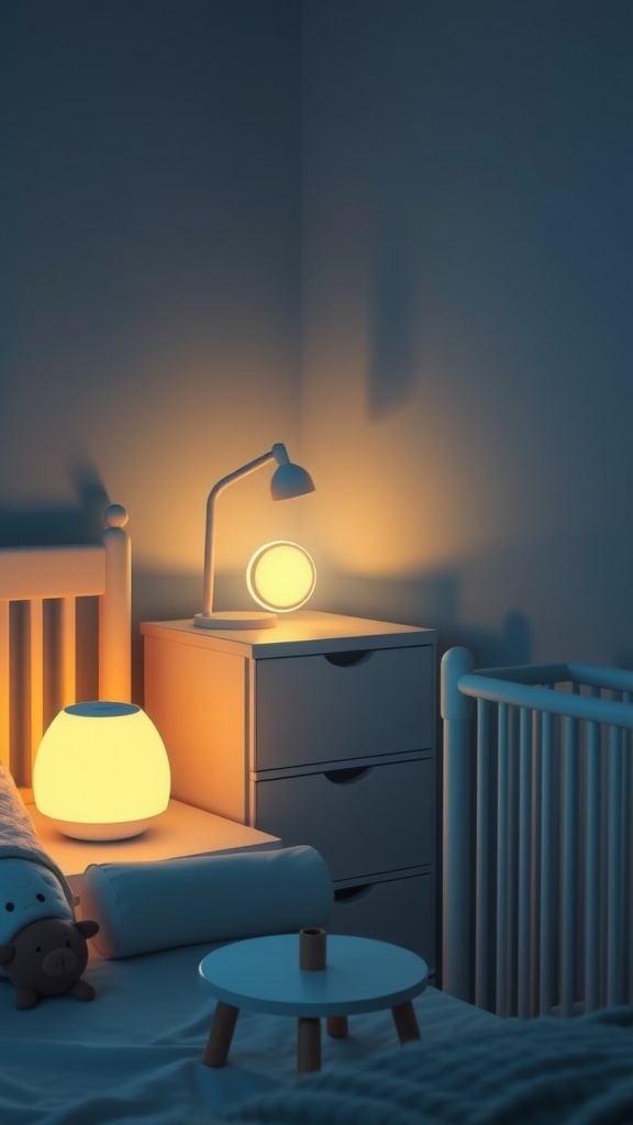 Cozy nursery corner with a sound machine and nightlight setup.