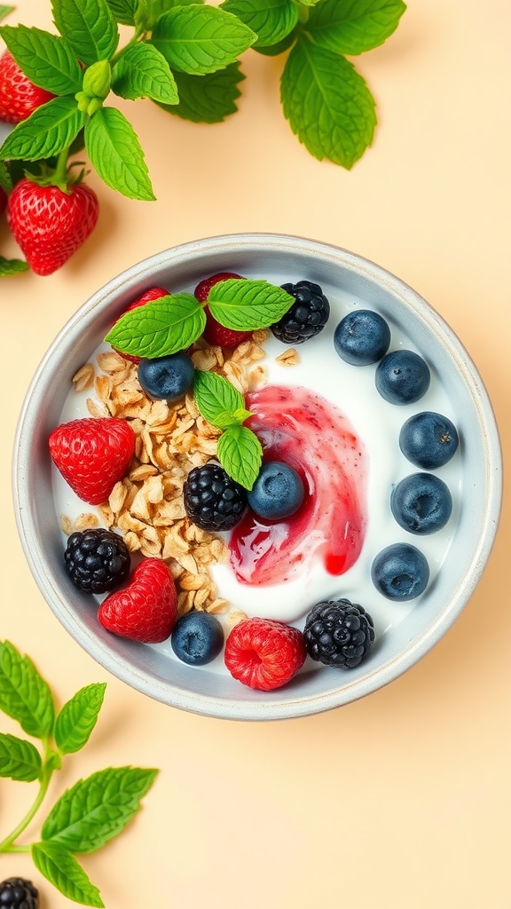 Greek yogurt breakfast bowl with berries and granola