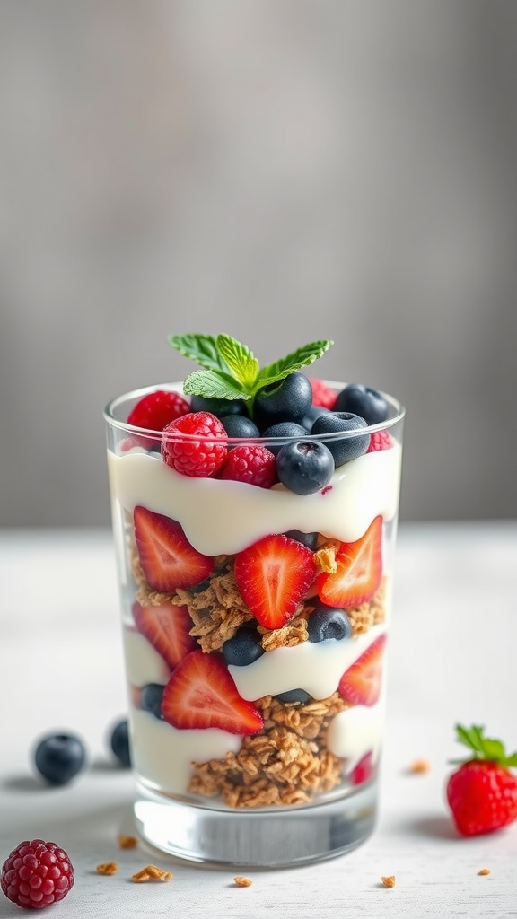 A delicious Greek yogurt parfait with layers of yogurt, berries, and granola.