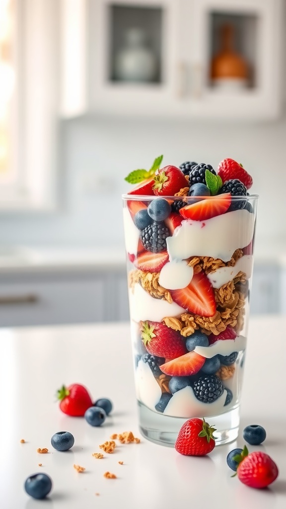 A delicious Greek yogurt parfait layered with fresh berries and granola.