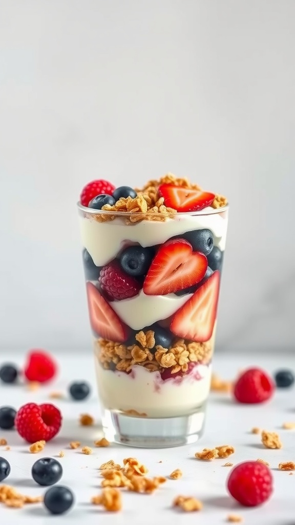 A delicious Greek yogurt parfait with layers of berries and granola.