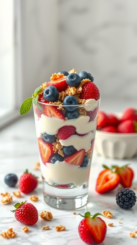 A Greek yogurt parfait with layers of yogurt, mixed berries, and granola.