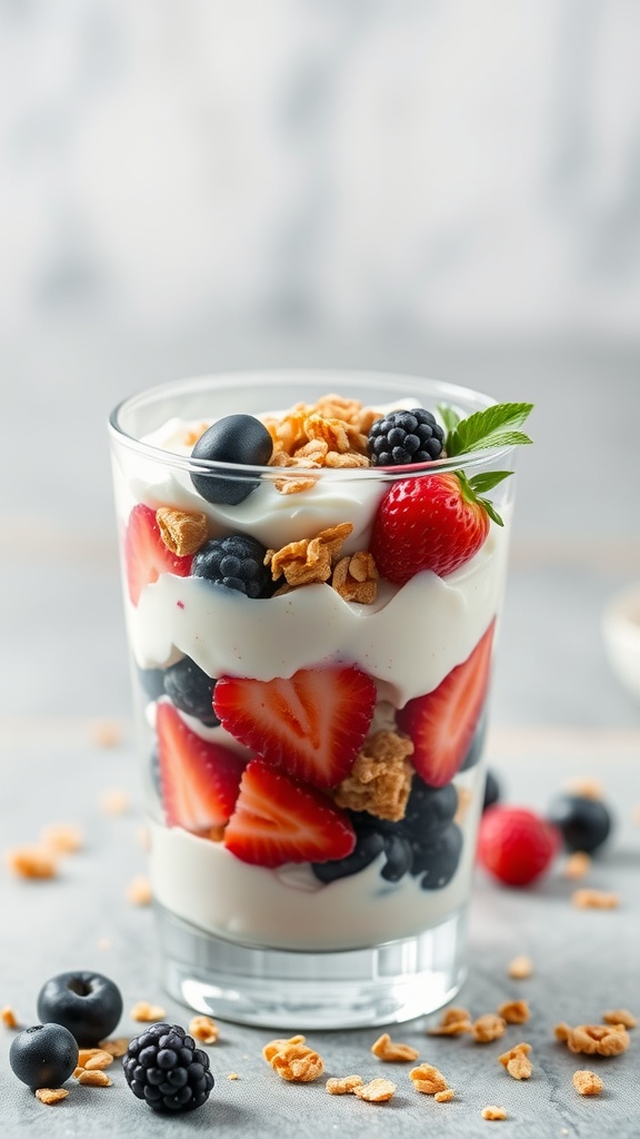 A delicious Greek yogurt parfait layered with fresh berries and granola.