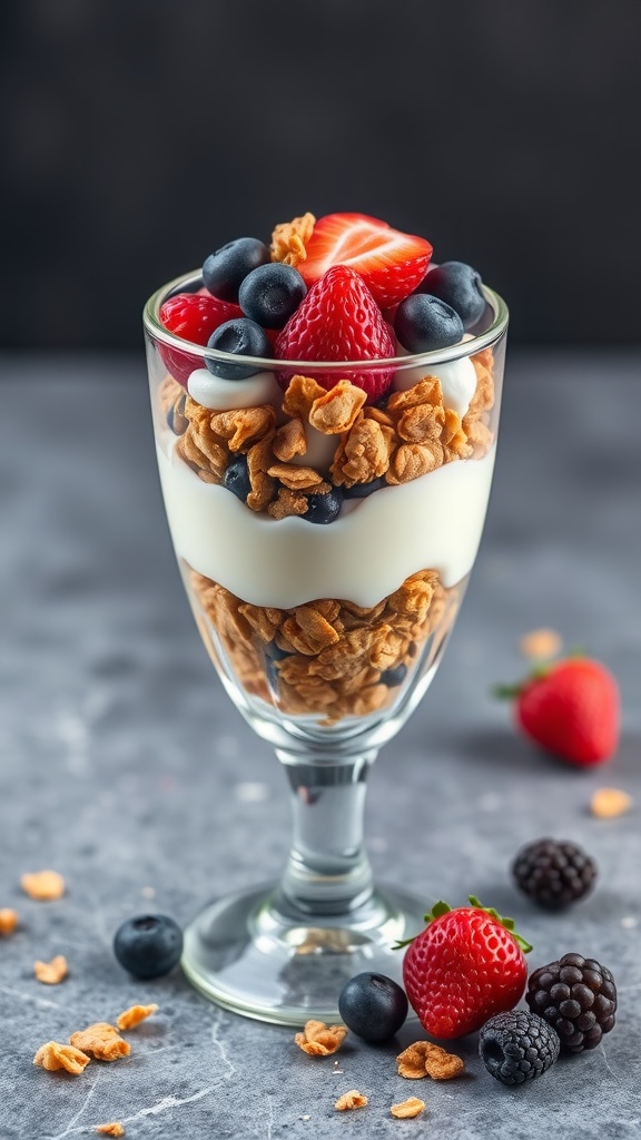 A delicious Greek yogurt parfait layered with granola and fresh berries